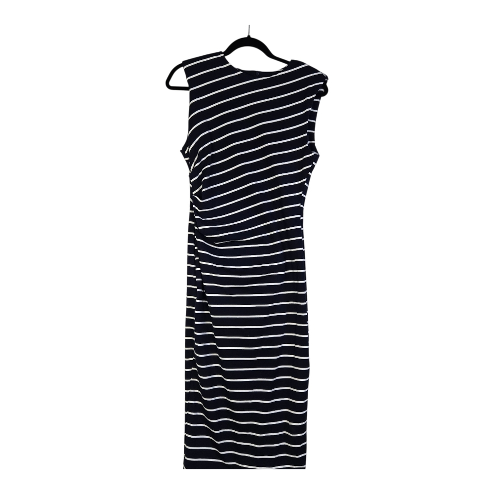 Pretty Garden Size M Navy & White Striped Sleeveless Side Rouched Dress NWT